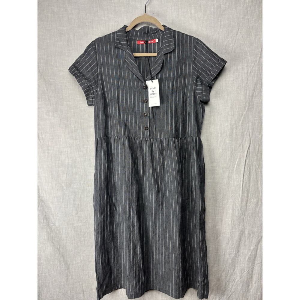 Pyne and Smith Gray Stripe Button Up 100% Linen Dress Size Large Women